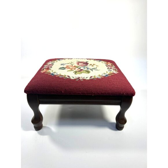 Mahogany Footstool Floral Needlepoint Cushion Foot Rest Vintage Flowers Burgandy - Picture 2 of 16
